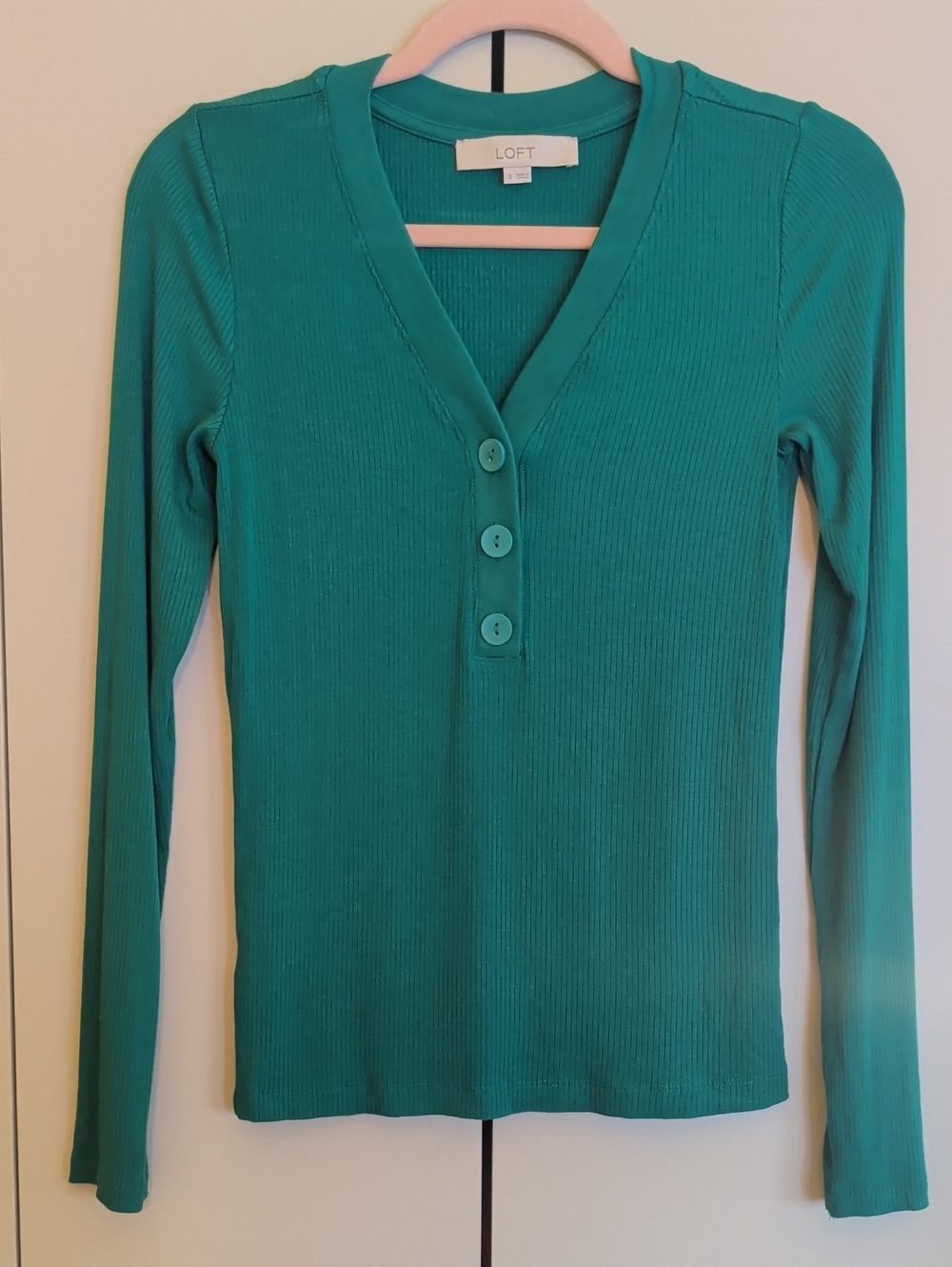 LOFT Green Ribbed Henley Long-Sleeve Top